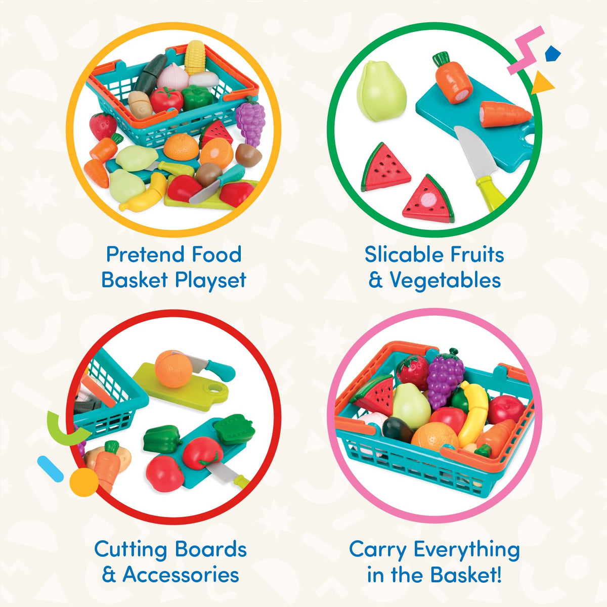 Battat Play Food Farmers Market Produce Basket, 37-Piece Set, Green