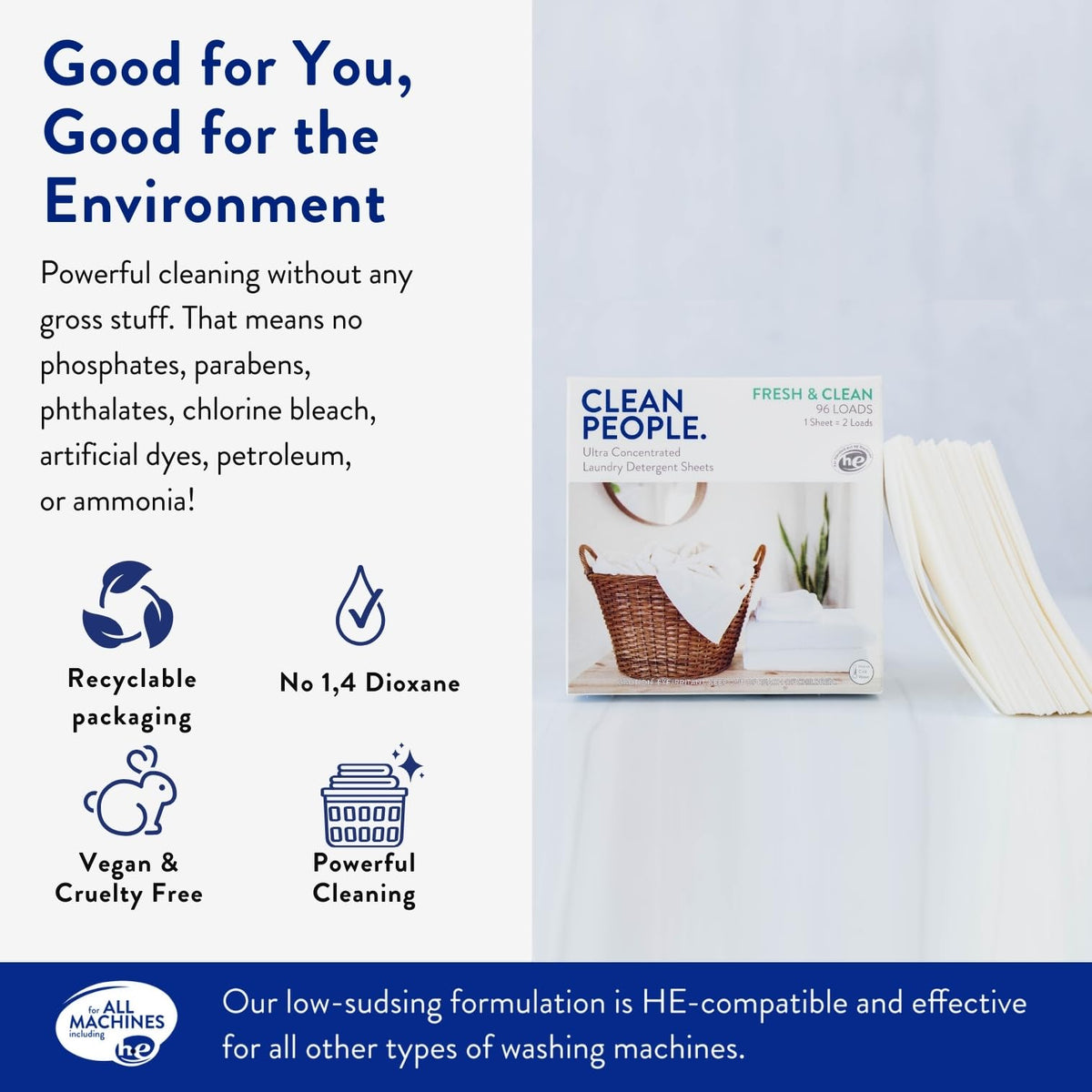 Clean People Laundry Detergent Sheets, Fresh Scent, 96 Pack