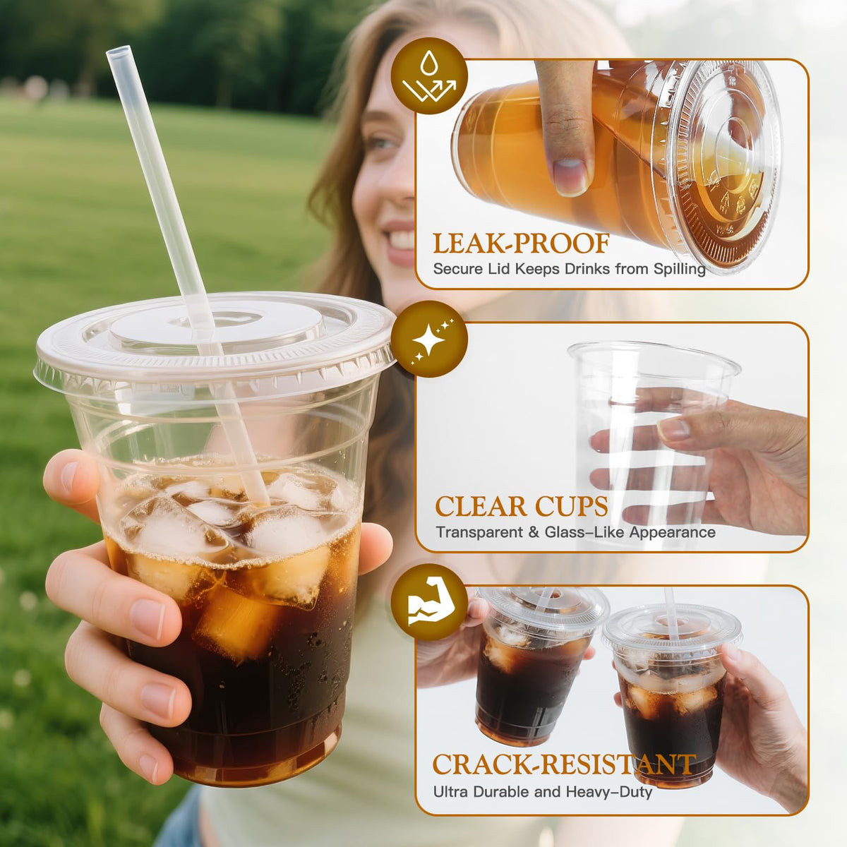 Joyeux Clear Plastic Cups with Lids and Straws, 16 oz, 100 Pack