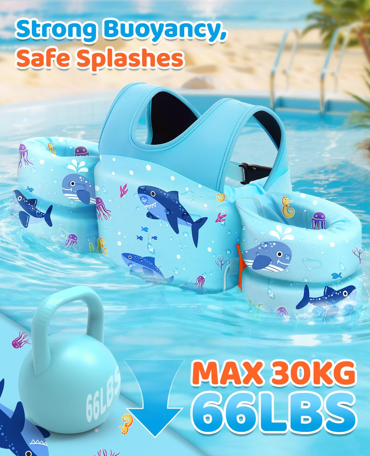 HeySplash Kids' Swim Vest, 33-66 lb, Blue Shark