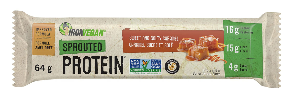 Iron Vegan Sprouted Protein Bars, Sweet and Salty Caramel, 12 Pack