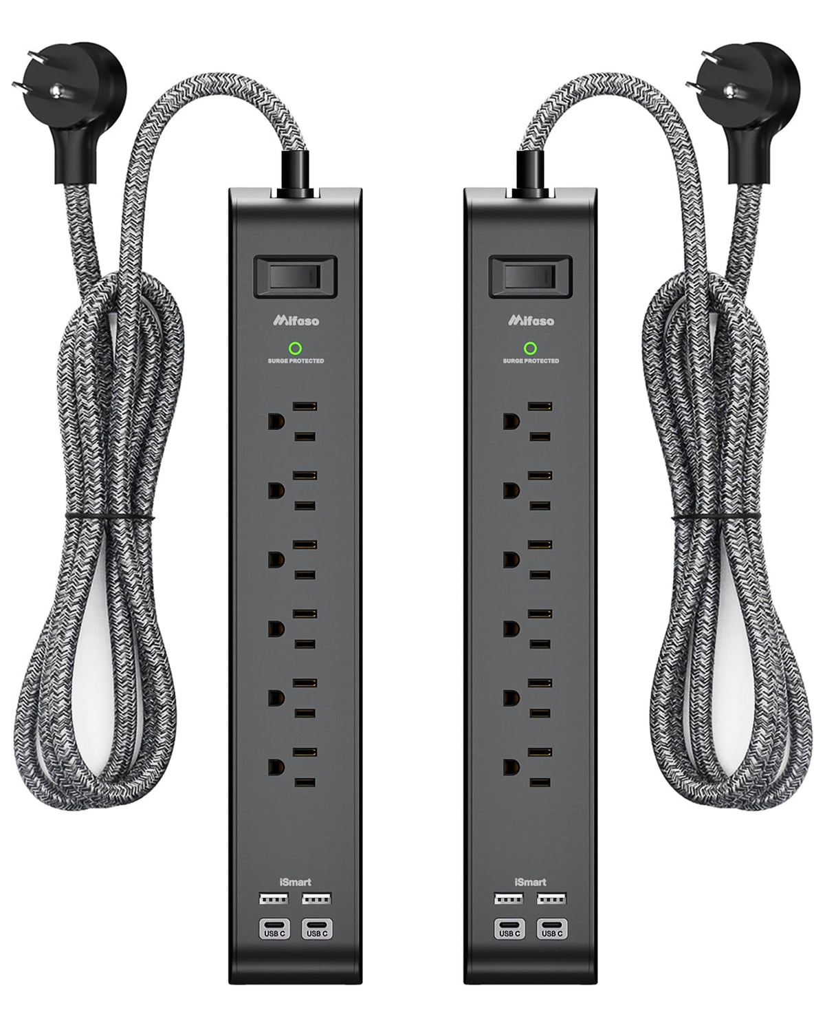 mifaso 6-Outlet Surge Protector Power Bar, 5 ft, 2-Pack, Black