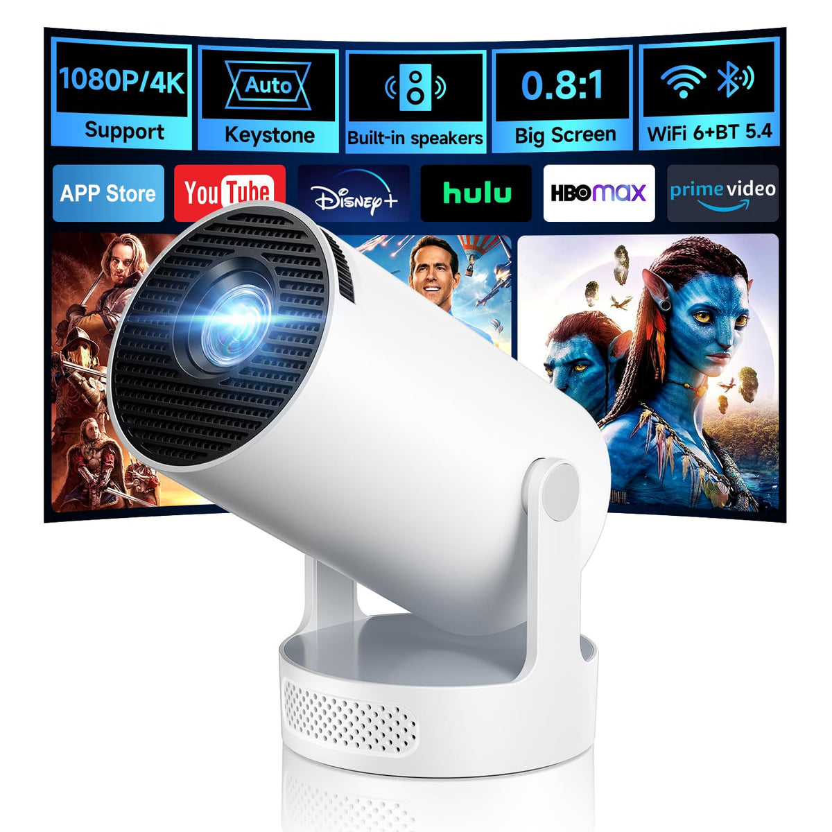 Kimwood 1080p Ultra Short Throw Mini Projector, White