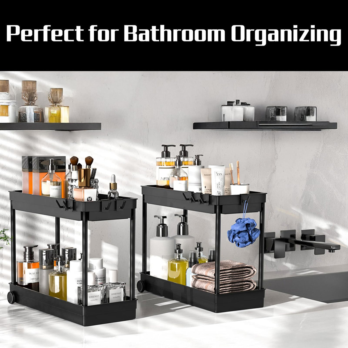 Cicilyna 2-Tier Under Sink Organizer with Hook, Black, 2 Pack