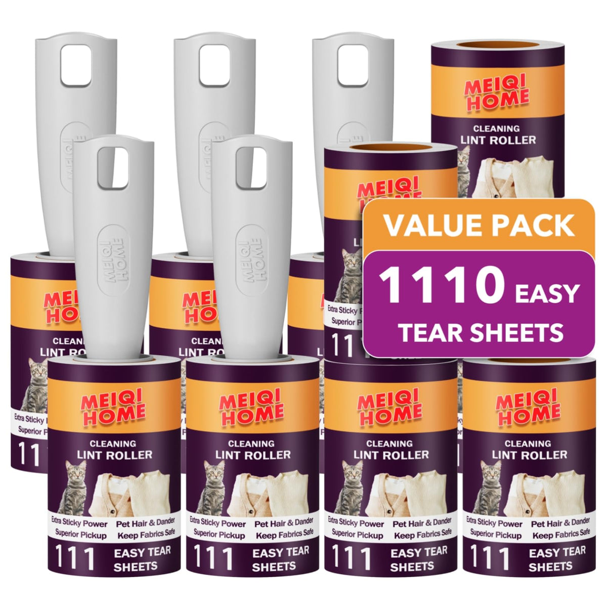 Pet Hair Lint Rollers, Extra Sticky, 10 Rollers, 1110 Sheets