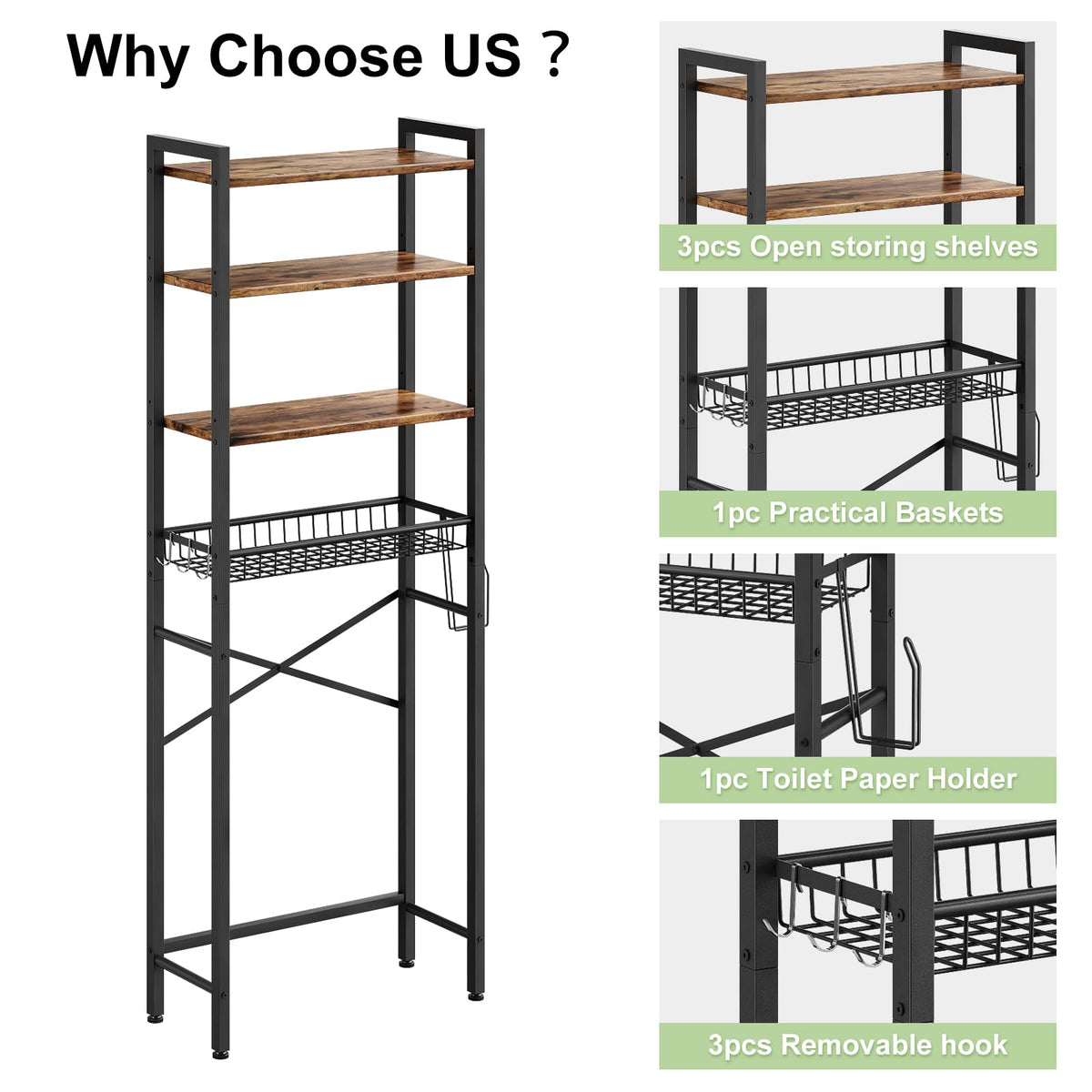 4-Tier Over-The-Toilet Storage Rack, Vintage Brown