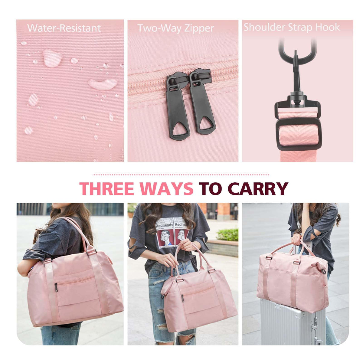EASYFUN Waterproof Travel Duffle Bag with Trolley Sleeve, Pink