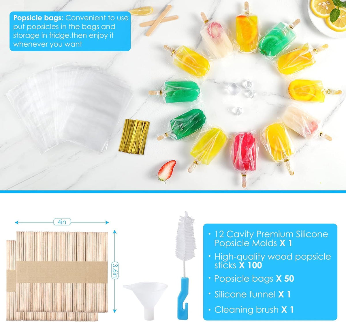Polcanur Silicone Popsicle Molds, 12 Pieces, with 50PCS Sticks