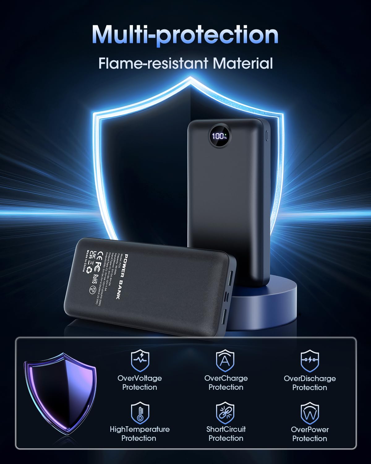 Power Bank, 50000mAh, 22.5W, 3 Outputs, LED Display