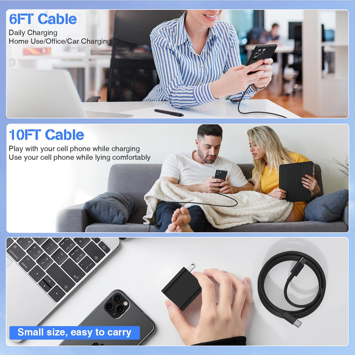 45W USB C Fast Charger Block with 10/10/6FT Cables, 3 Pack