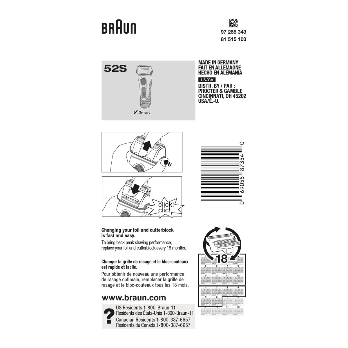 Braun Series 5 52S Shaver Head Replacement Cassette, Silver