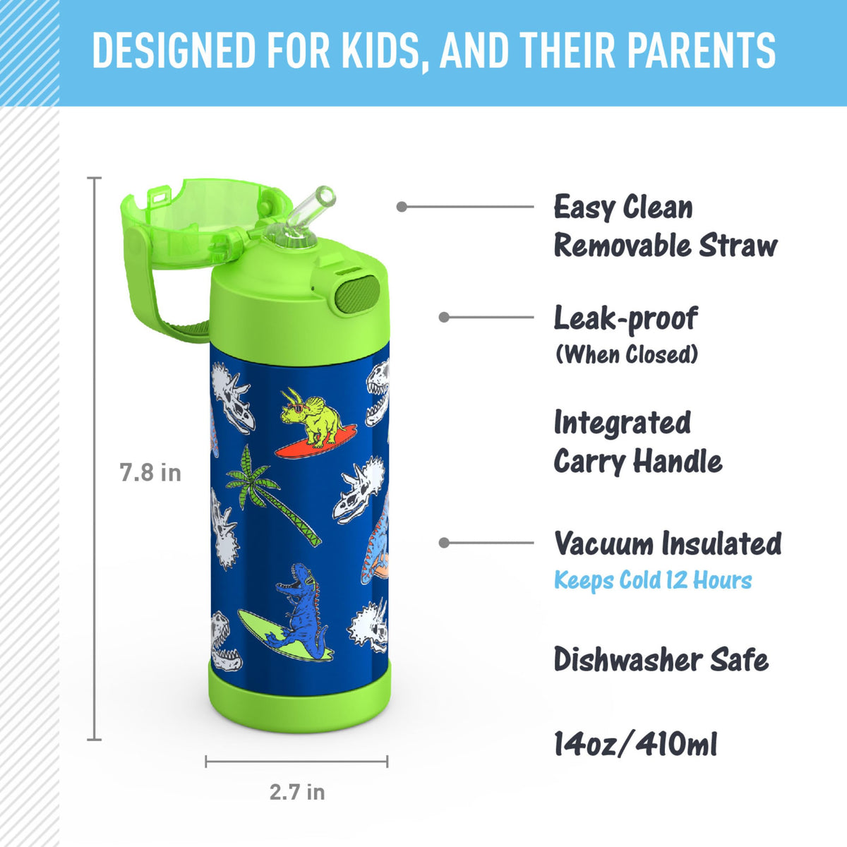 Thermos Funtainer Water Bottle with Straw, 14oz, Daring Dinos