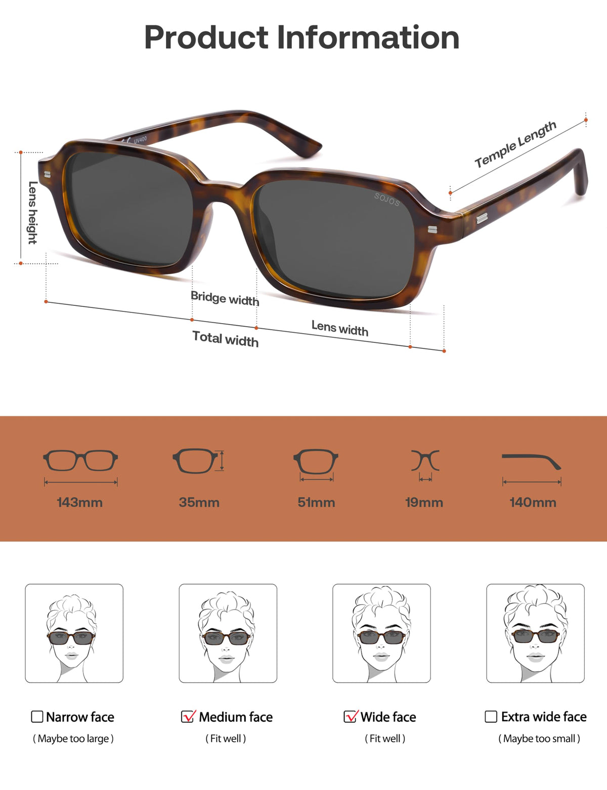 SOJOS SJ2610 Rectangle Polarized Sunglasses, Brown Tortoise/Grey