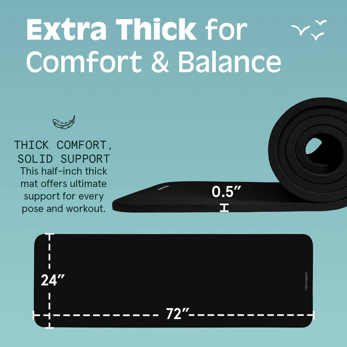 Retrospec Solana Yoga Mat, 1 1/2 Inch Thick, Black