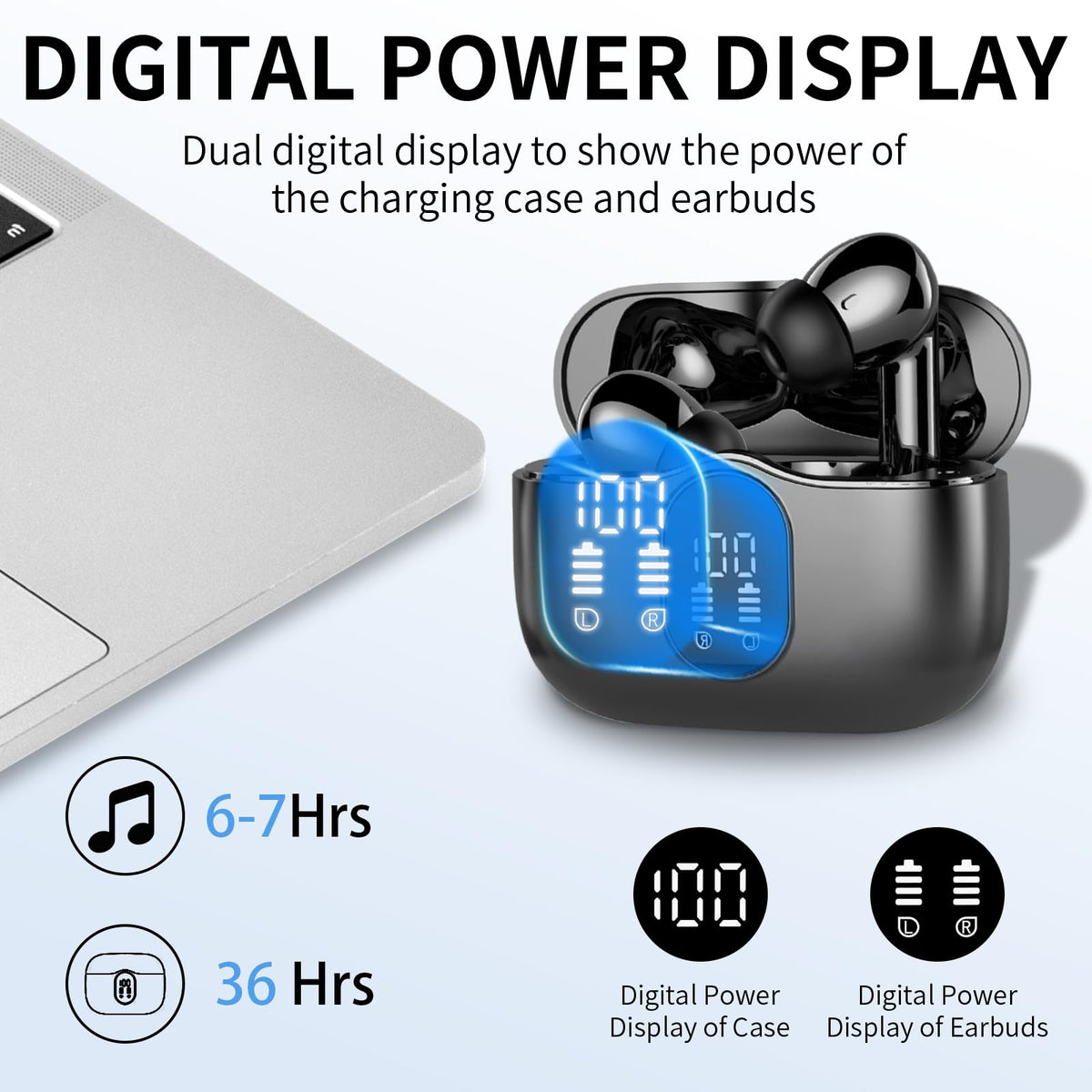 Btootos Wireless Earbuds with LED Display, Bluetooth 5.4, Black
