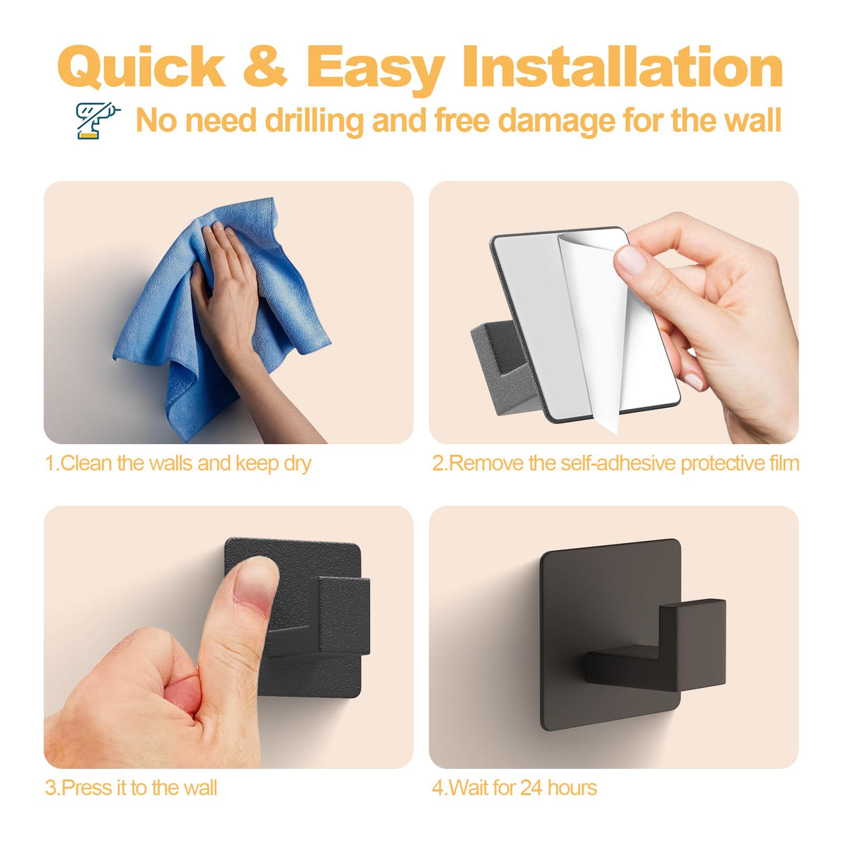 PMMASTO Self-Adhesive Aluminium Wall Hooks, 4-Pack, Black