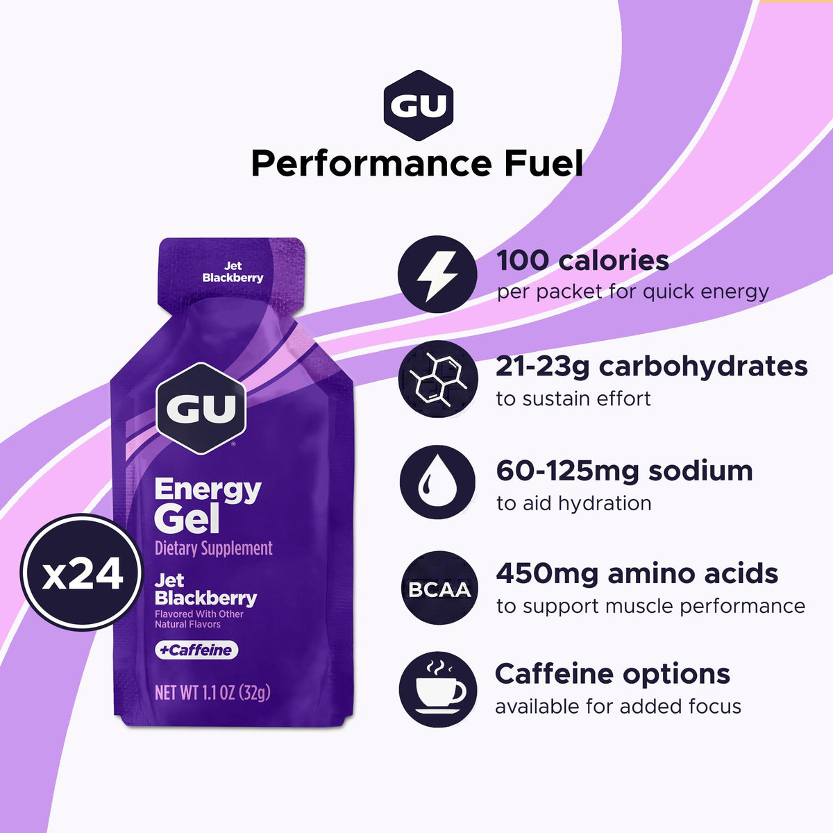 GU Energy Original Energy Gel, Jet Blackberry, 24 Count