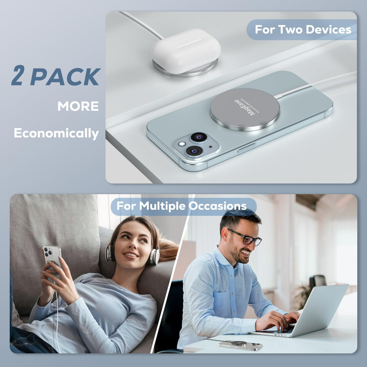 Magnetic Wireless Charger, 15W, for iPhone and AirPods, 2 Pack