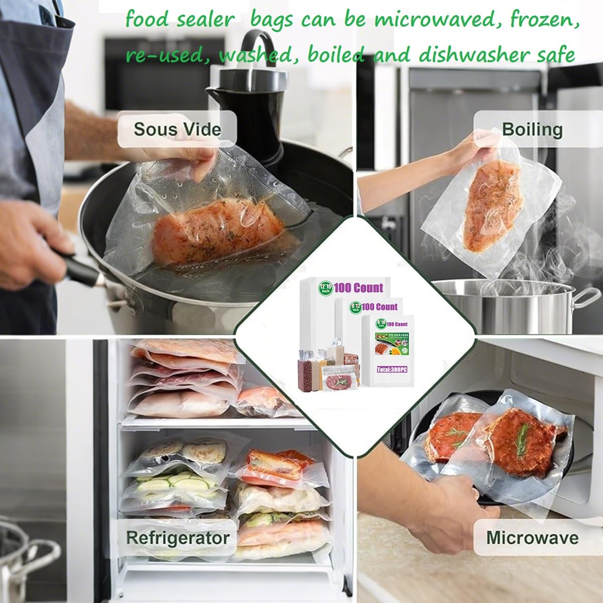 YILUFA1688 Pre-Cut Vacuum Sealer Bags, Mixed Sizes, 300 Count