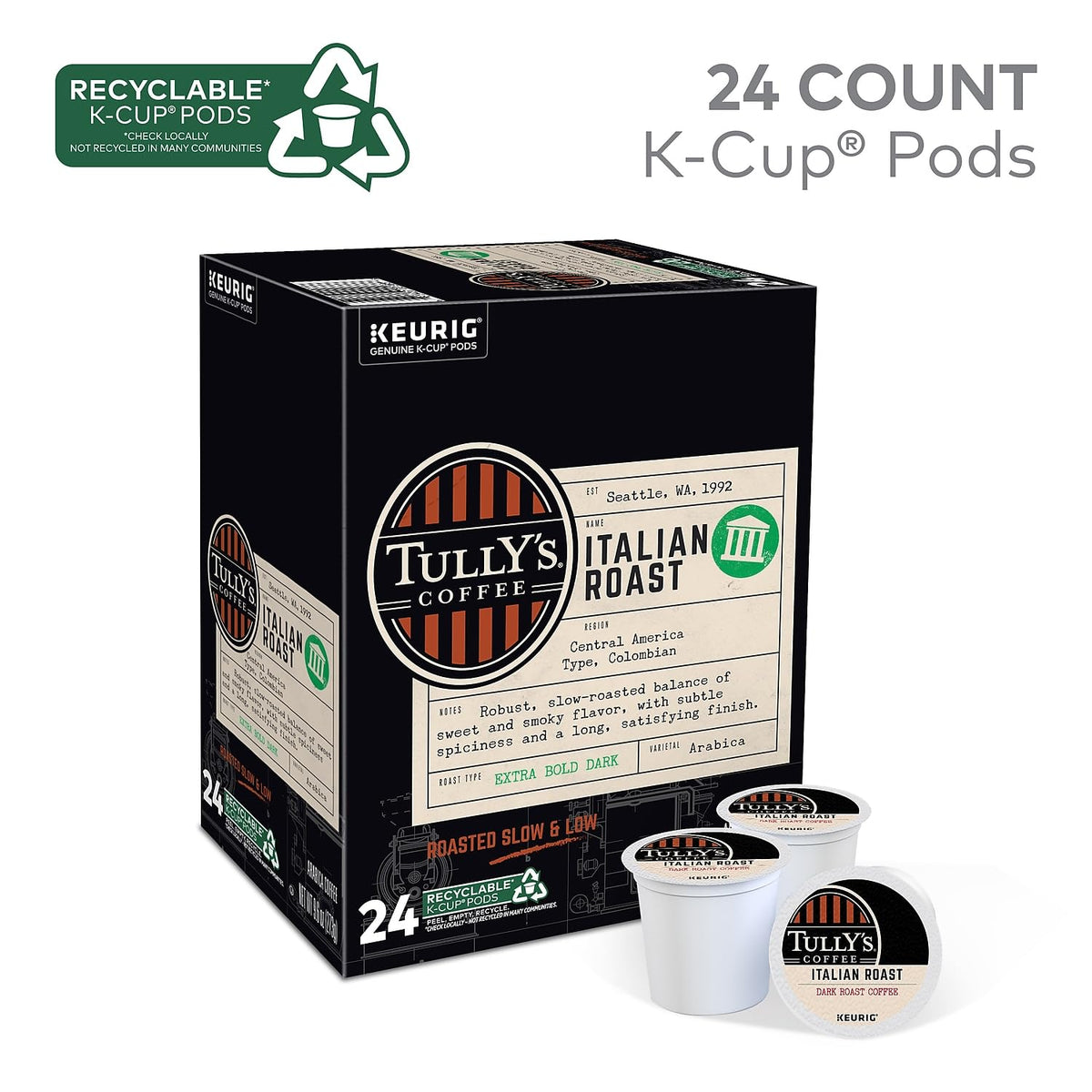 Tully's Italian Roast Coffee K-Cup Pods, 24 Count