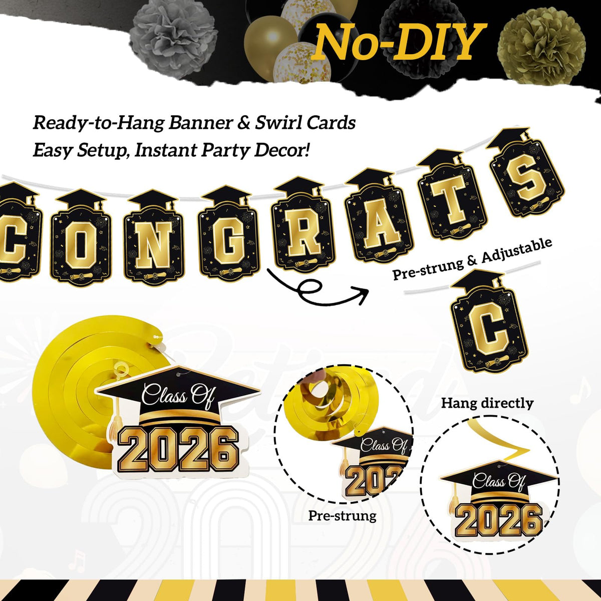 Black and Gold Graduation Decorations, Class of 2026, 35 Pieces