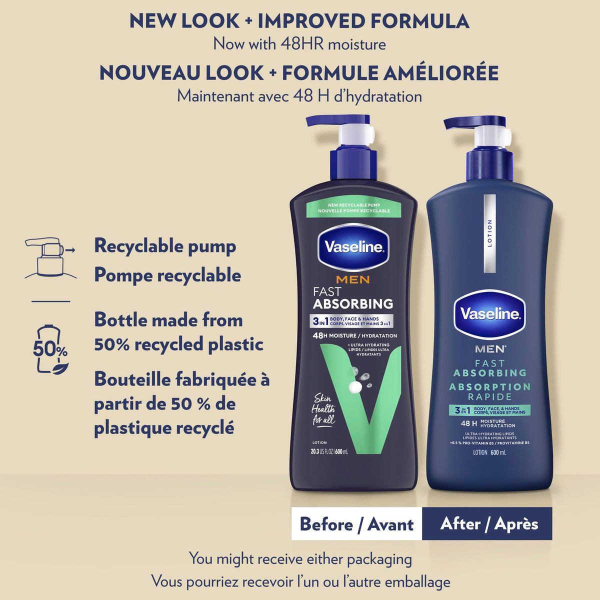 Vaseline Men 3-in-1 Body, Face and Hands Lotion, 600 mL, 3 Pack