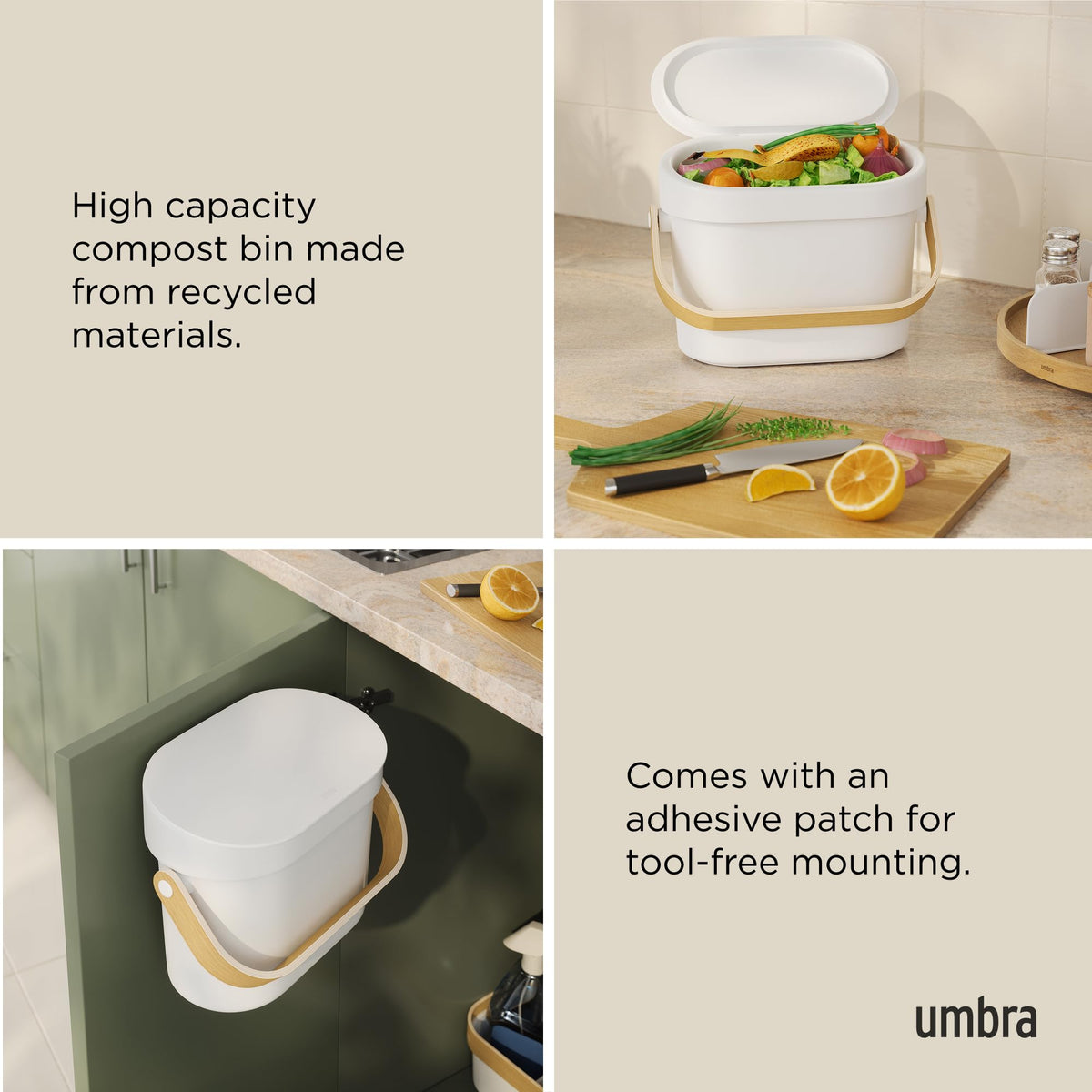 Umbra Bellwood Kitchen Compost Bin, White/Natural, 4 L