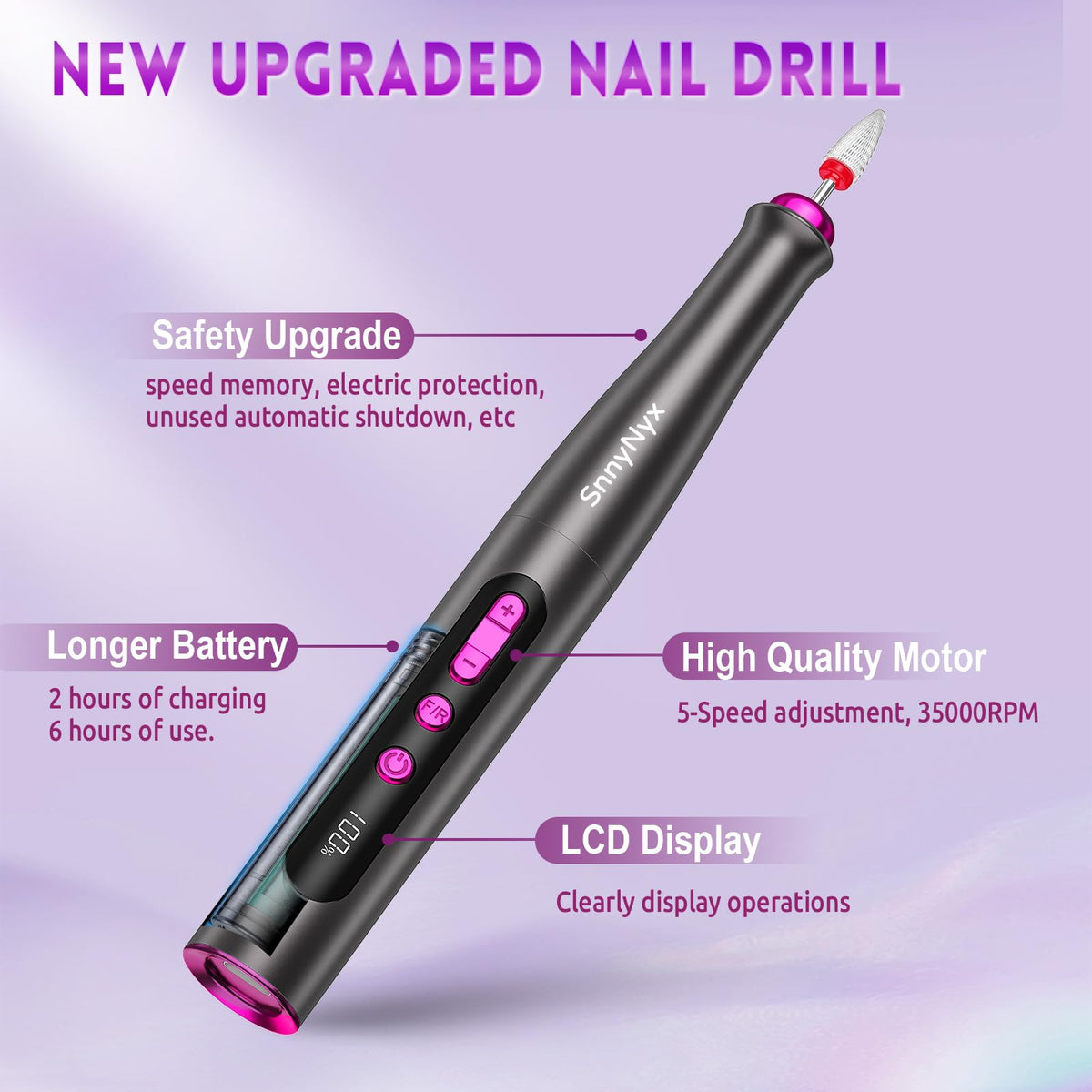 SnnyNyx Cordless Electric Nail Drill, 35000 RPM, Matte Gray