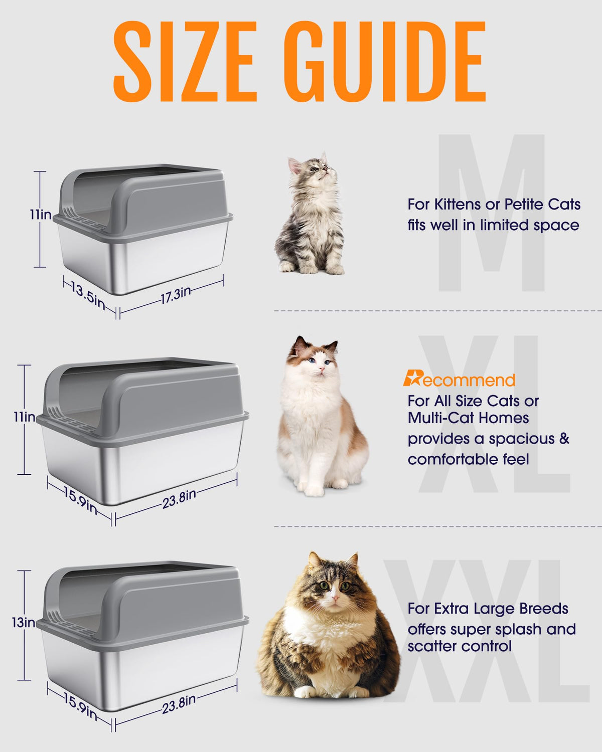 Powools Stainless Steel Cat Litter Box with Scoop, Grey, Medium