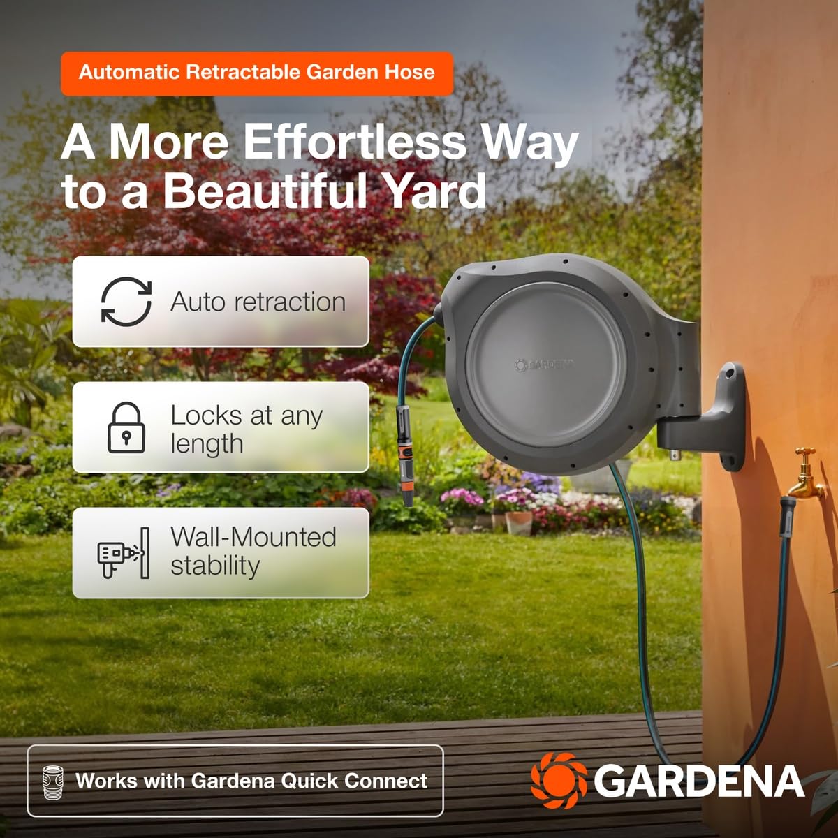 GARDENA 20502-80 Retractable Garden Hose Reel, 75' x 1/2" Hose