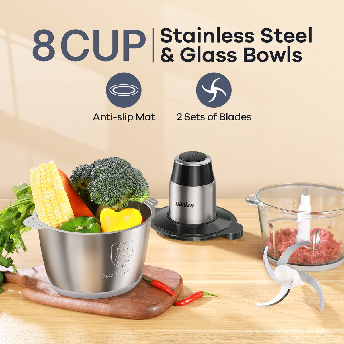 Ganiza Electric Food Processor and Meat Grinder, 2 Bowls, 8 Cup, 450 W