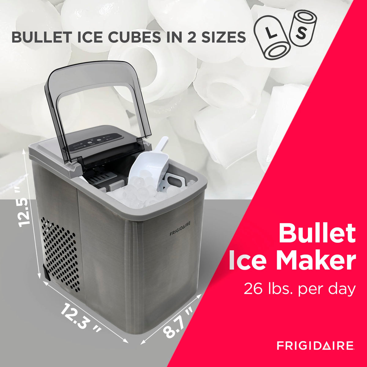 Frigidaire Portable Compact Ice Maker, 26 lb/Day, Stainless