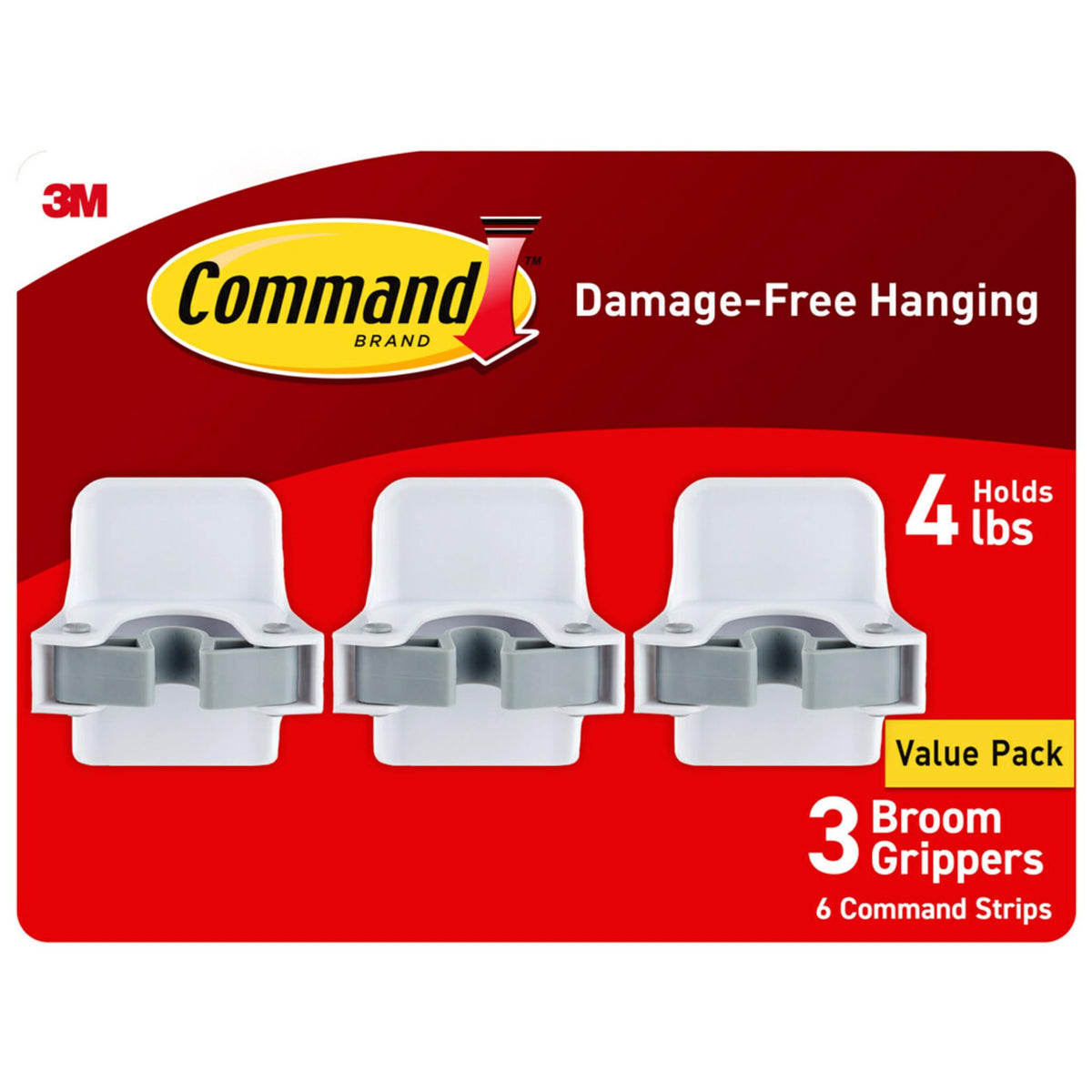 Command Broom and Mop Grippers, 3 Hangers and 6 Strips, Up to 4 lb