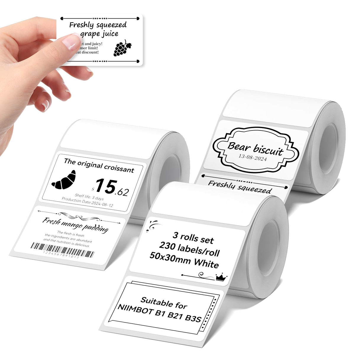NIIMBOT Label Rolls for B1/B21/B3S, 50 x 30 mm, White (3 Rolls)