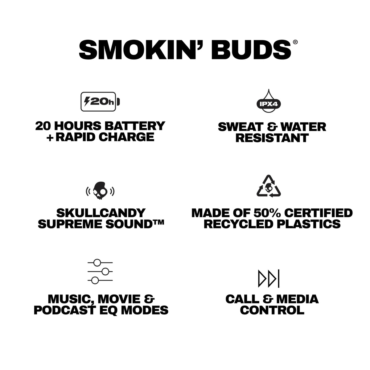 Skullcandy Smokin' Buds Wireless Earbuds, True Black