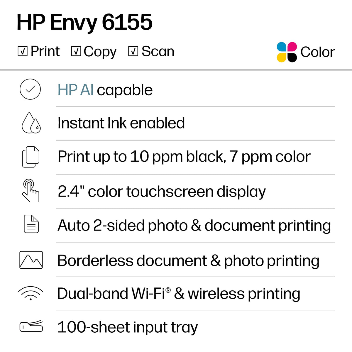 HP Envy 6155 Wireless All-in-One Inkjet Printer, C2WR7A