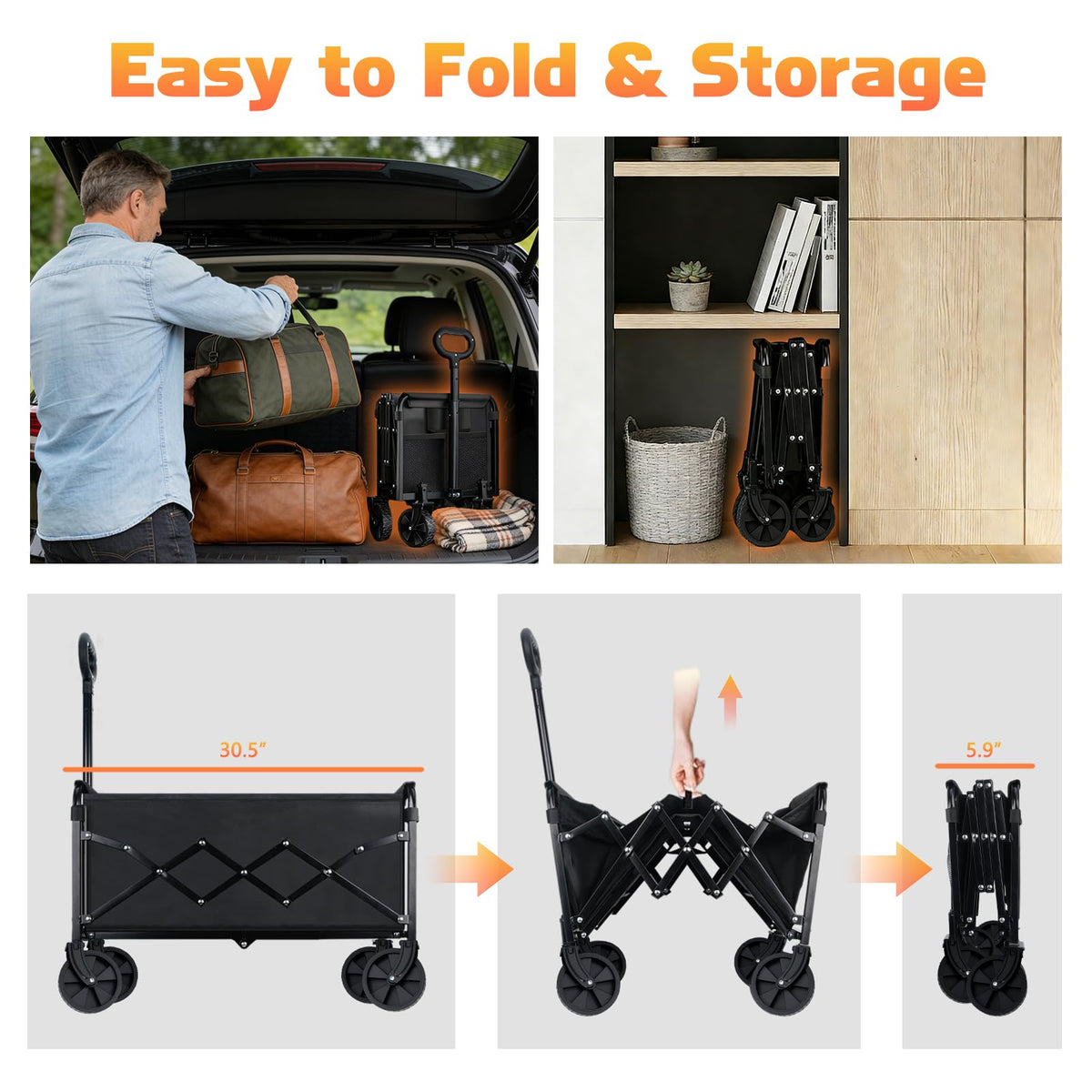 Collapsible Folding Wagon Cart, 220 lb Capacity, Black