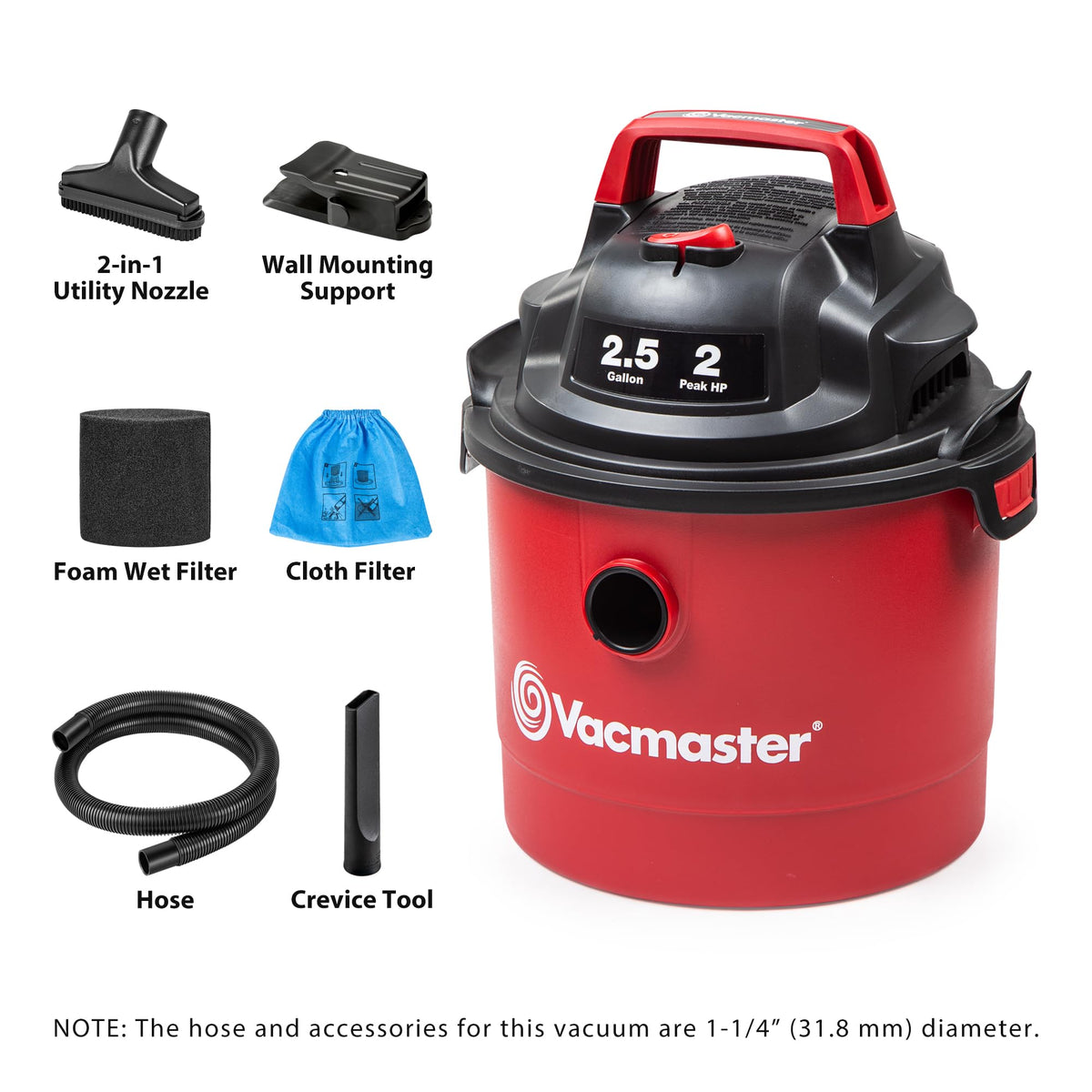 Vacmaster Red Edition VOM205P Wet Dry Shop Vacuum, 2.5 Gallon