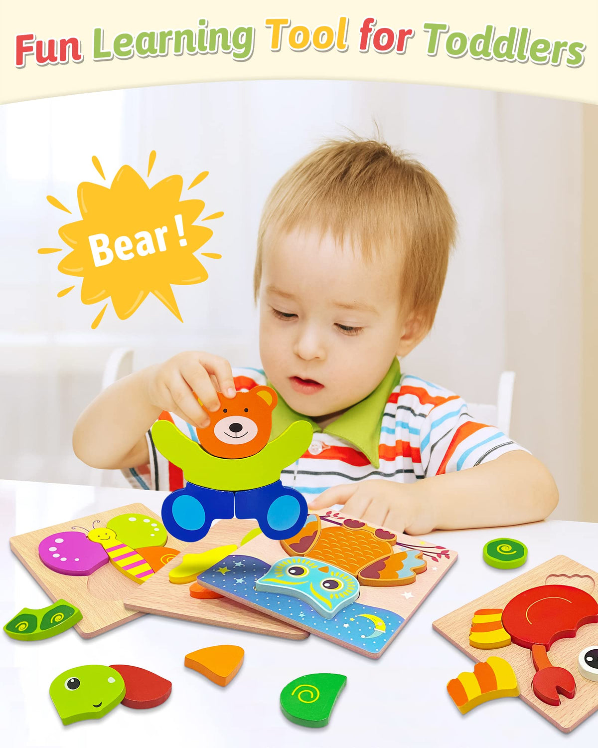 Gojmzo Wooden Animal Puzzles for Toddlers (6 Pack)