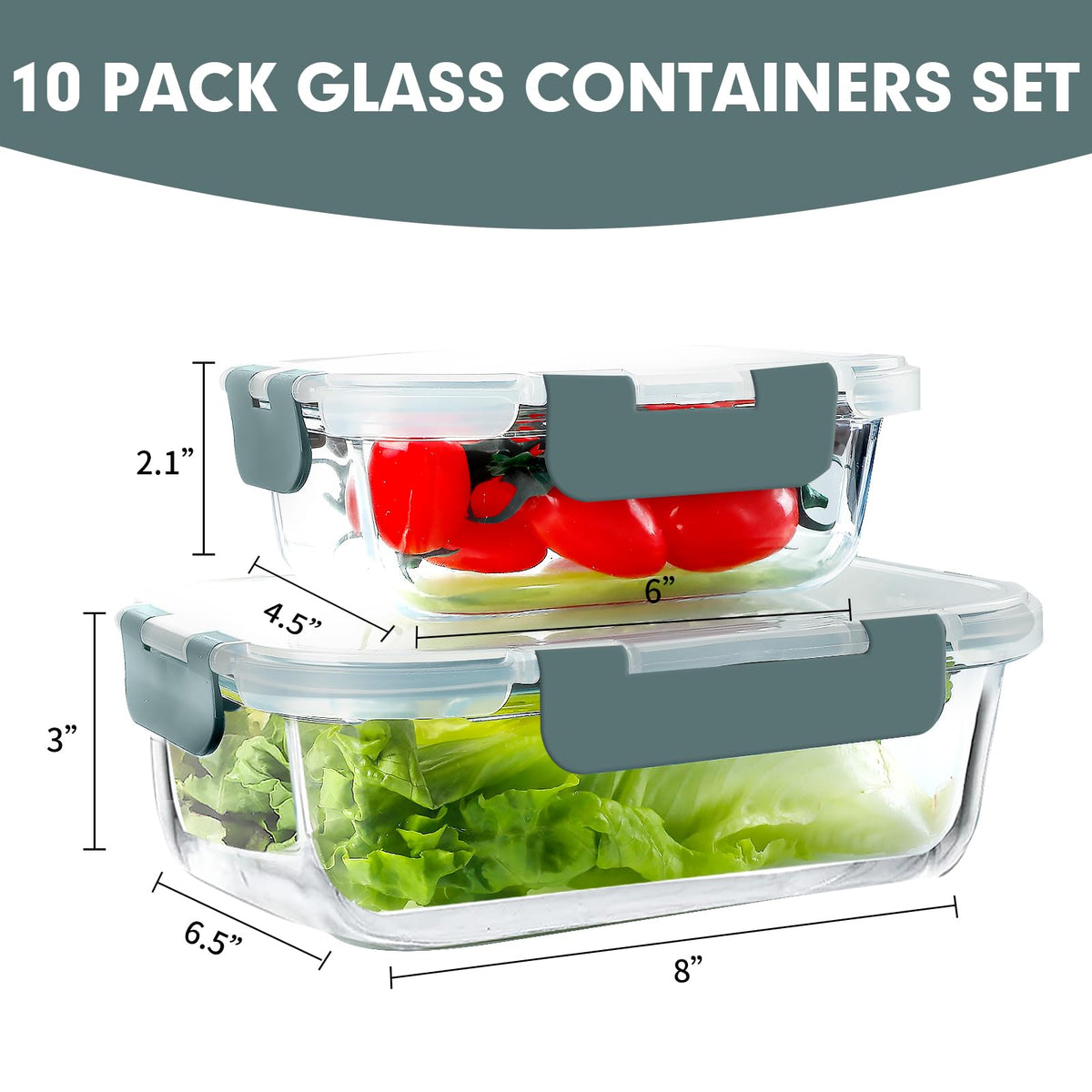 Verones Glass Meal Prep Containers with Lids, 10 Pack, Grey
