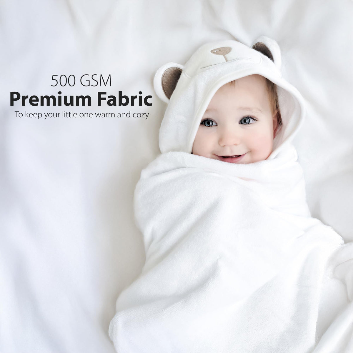 MINIBOO Organic Bamboo Hooded Baby Towel, 90 x 90 cm, White Bear