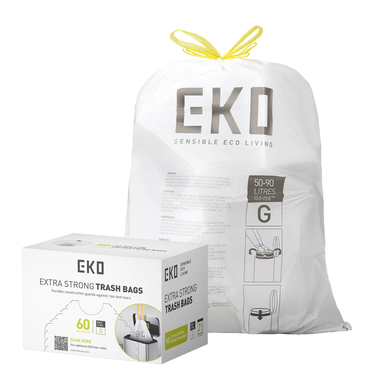 EKO Easy-Dispense Drawstring Trash Bags, 21 Gallon (79.5L), 60 Count
