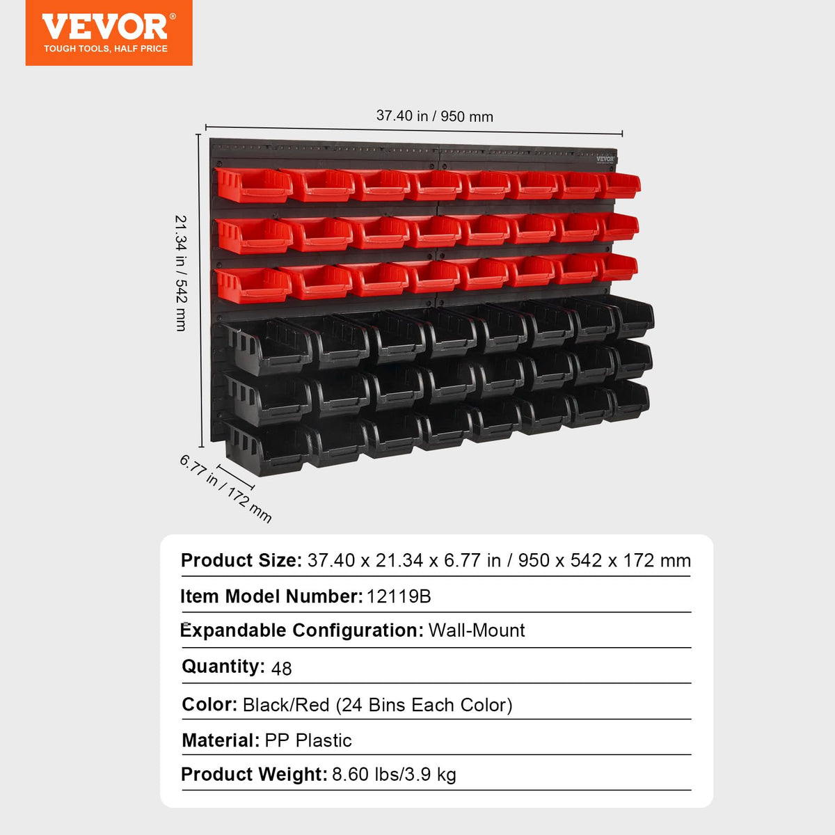 VEVOR Wall Mounted Storage Bins, 48-Bin Parts Rack, Black and Red