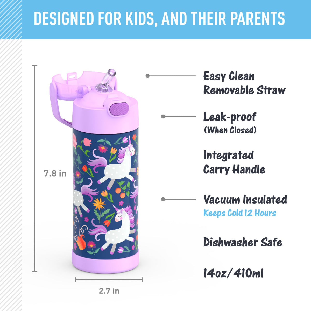 Thermos Funtainer 14 oz Vacuum Insulated Bottle, Unicorn Blooms