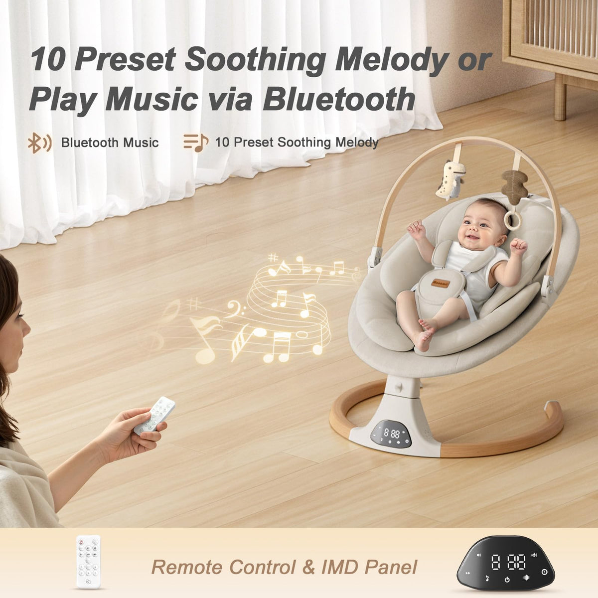 Monamii Bluetooth Baby Swing with Remote, Light Beige
