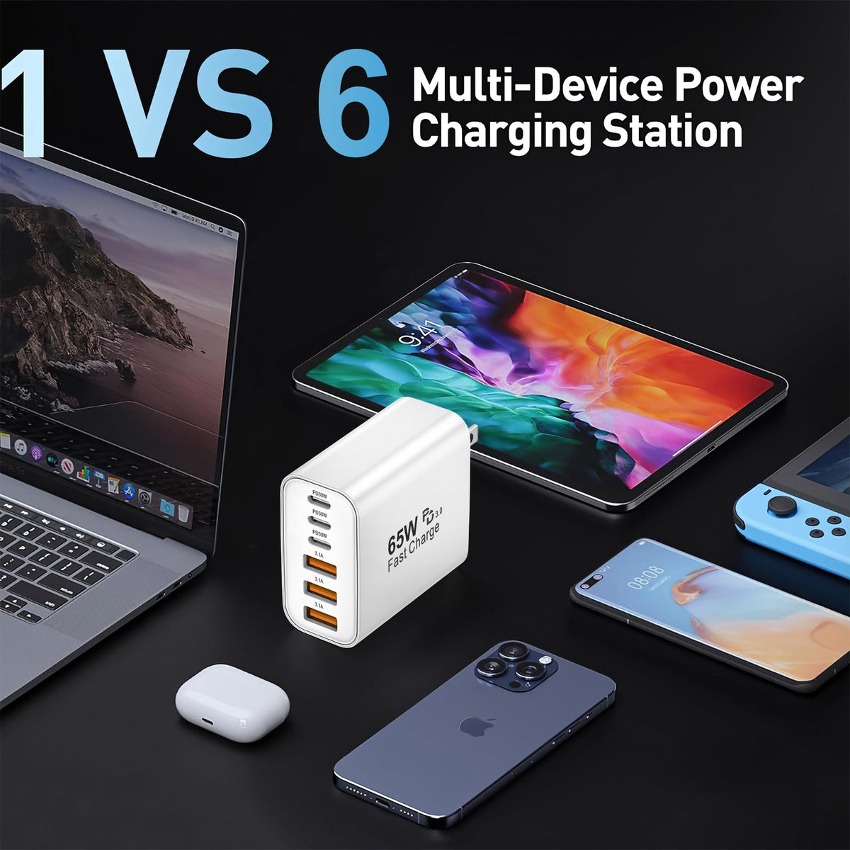 65W 6-Port USB-C Charger Block, Multi-Device Fast Charger