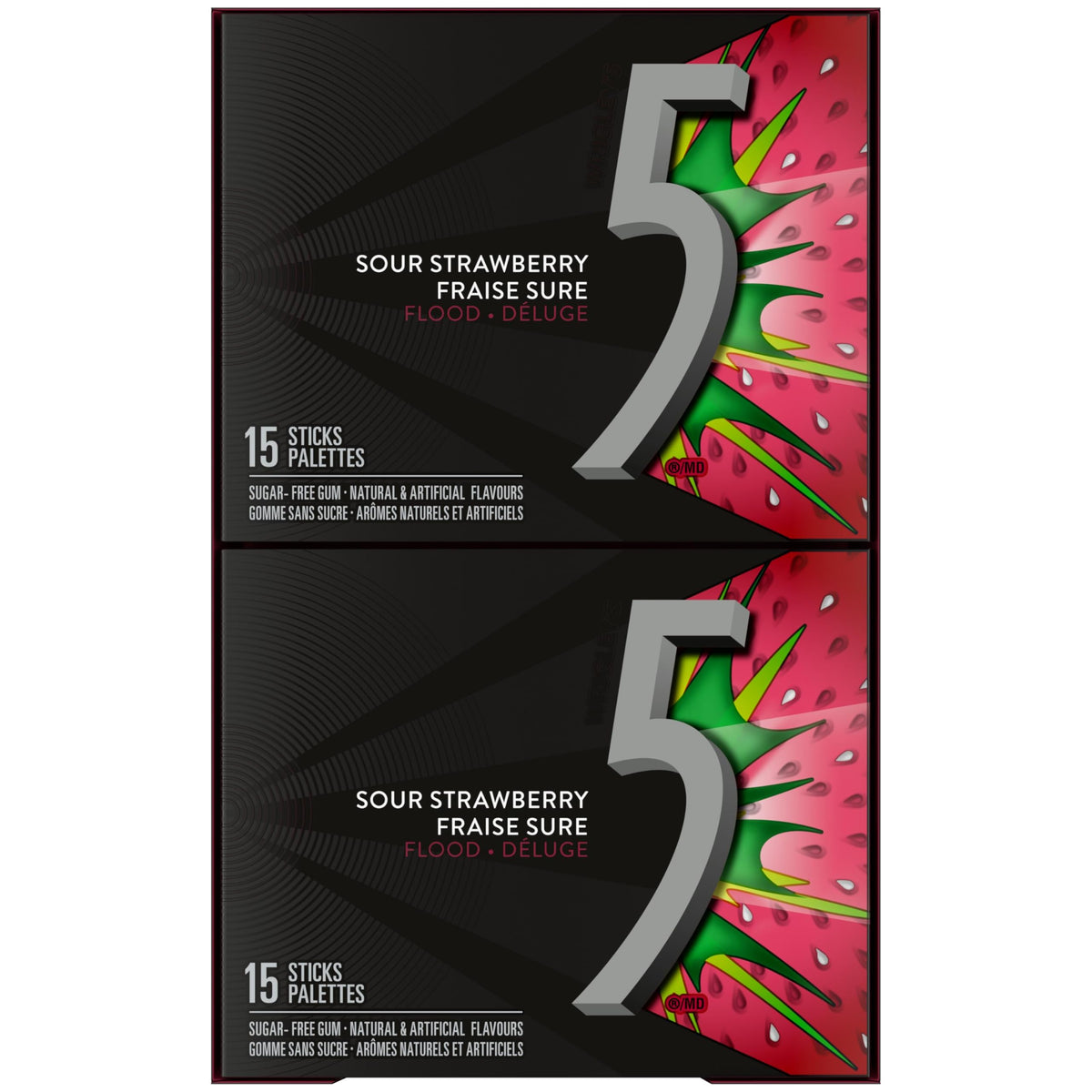 5 Gum Strawberry-Flood Sugar Free Chewing Gum, 15 Sticks, 10 Packs
