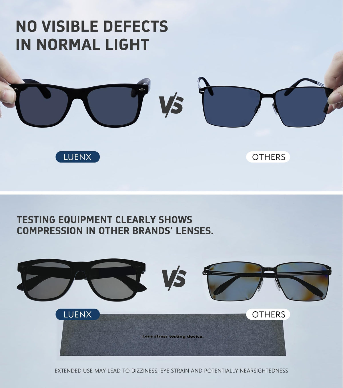LUENX Square Polarized Sunglasses, Matte Black, 54 mm