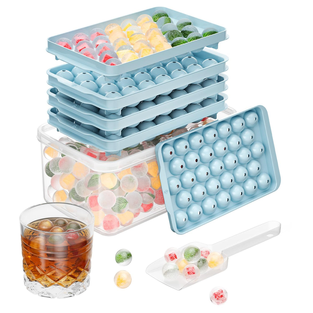 Optish Round Ice Cube Trays with Lid and Bin, 3 Pack, 99 PCS