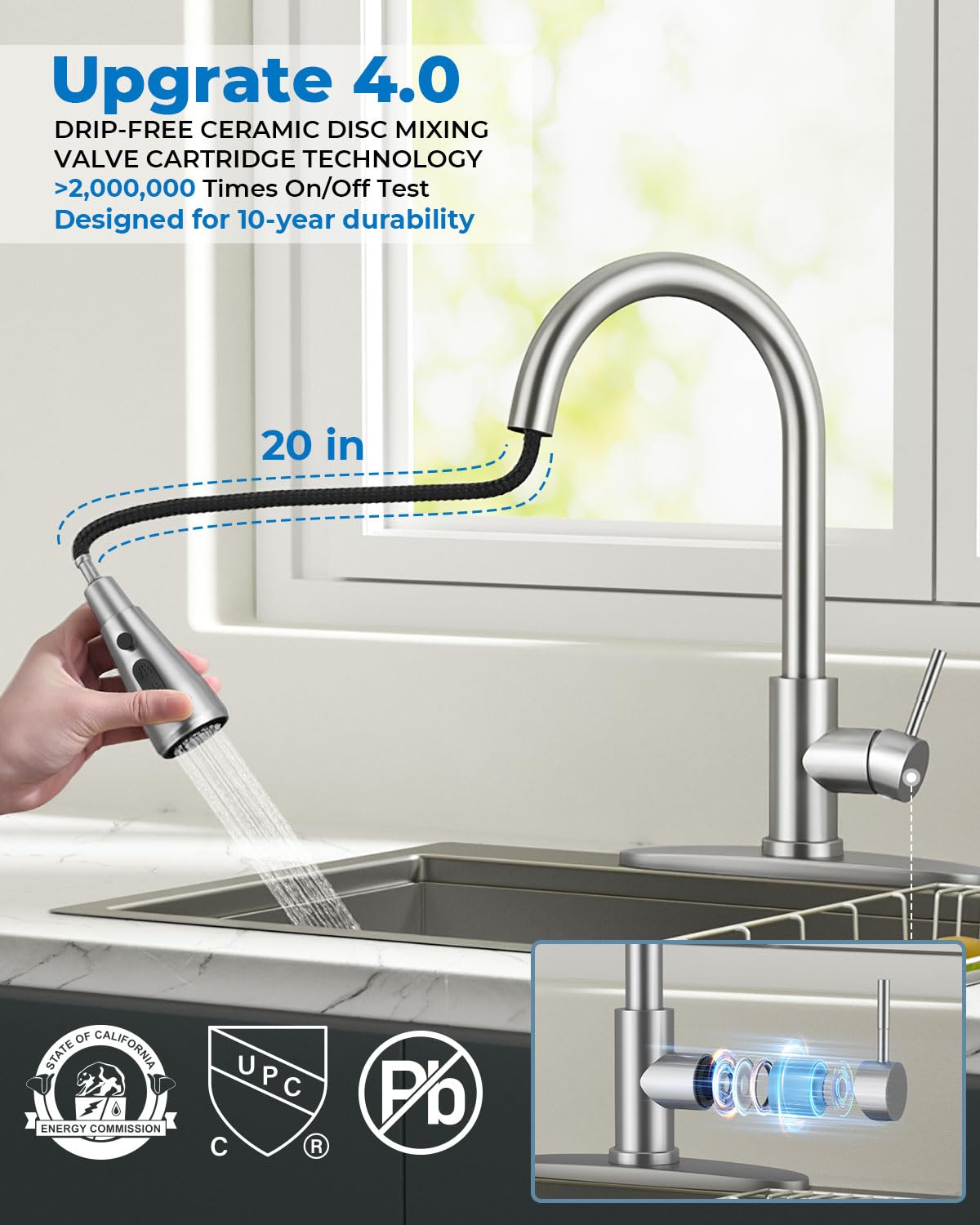 WEWE Pull-Down Kitchen Faucet with Sprayer 3 Modes